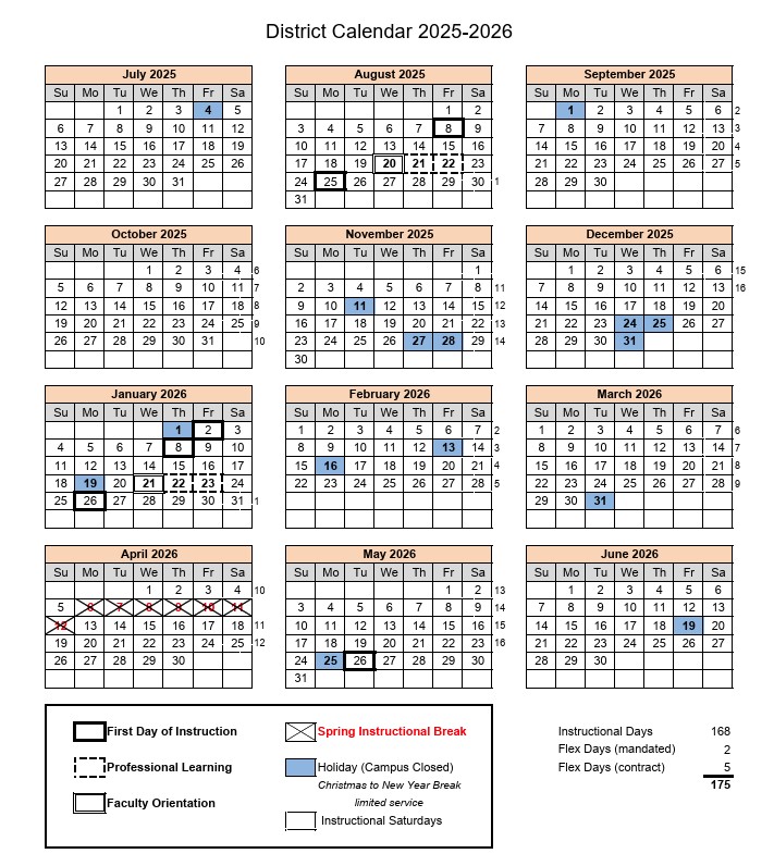 Screenshot of District Calendar for Academic Year 2025-2026