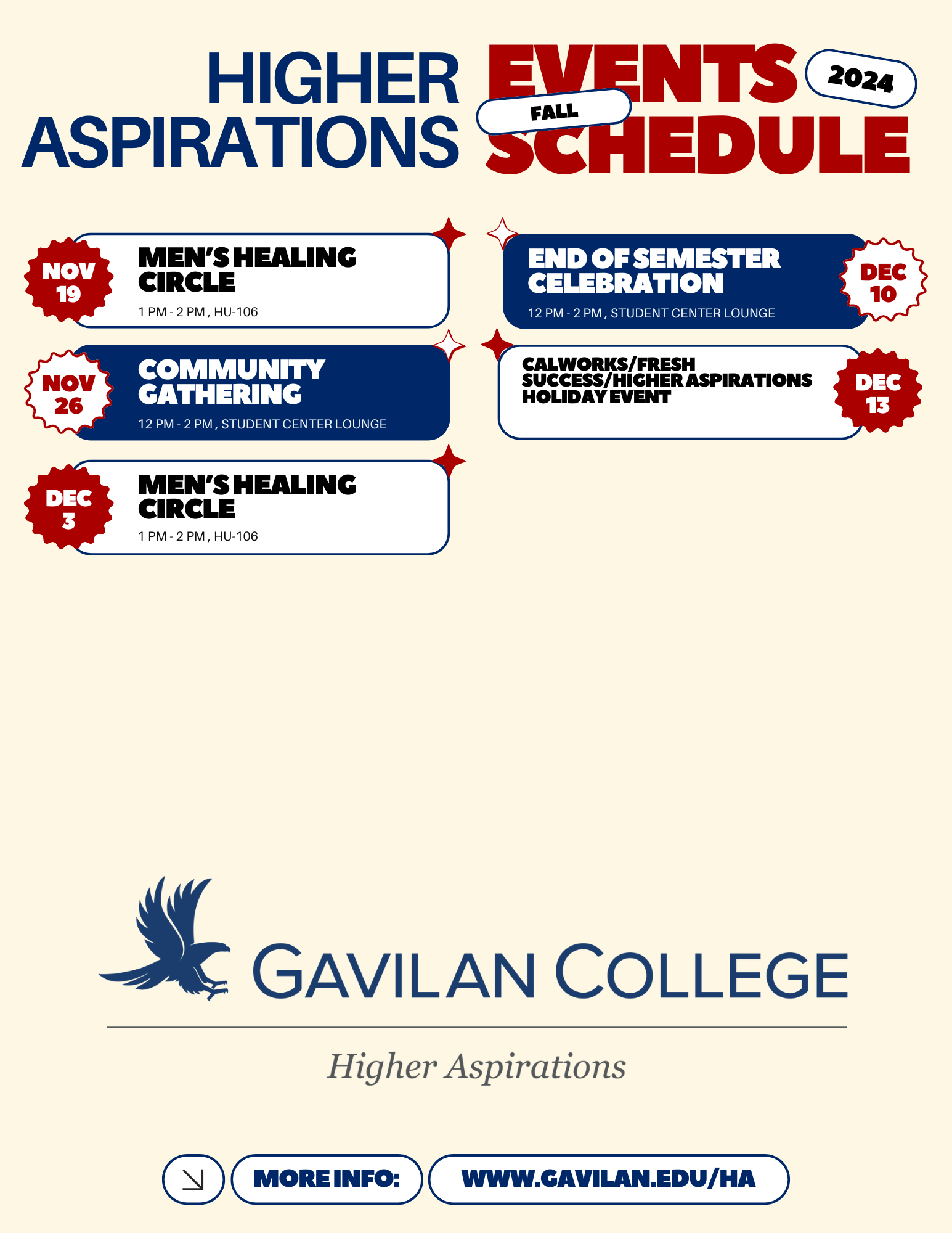 Higher Aspirations program calendar for list of events happening during the fall 2024 semester.