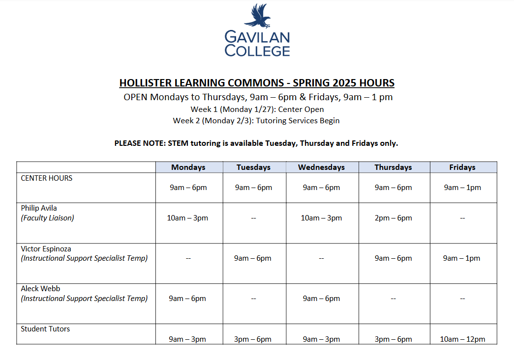 Schedule of STEM Center at Hollister Campus