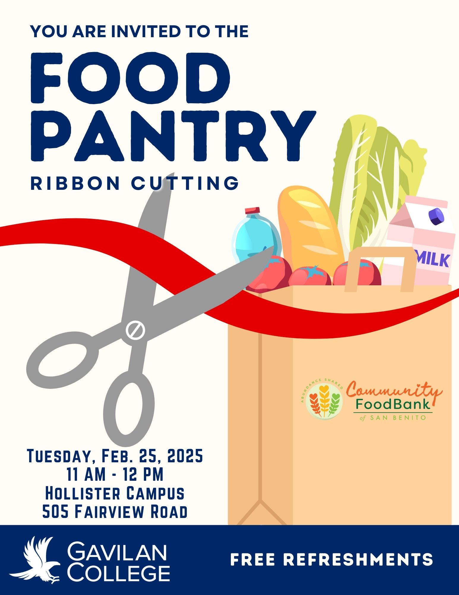 Clipart image of a red ribbon being cut with scissors in front of a bag of groceries with the Community Food Bank of San Benito logo on it.  There is a navy blue stripe on the bottom with the Gavilan College hawk logo on it.