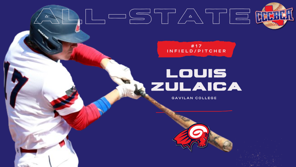 Louis Zulaica swinging bat and wearing the number 17 jersey on a blue All0State CCCBCA background and the Gavilan College Rams logo