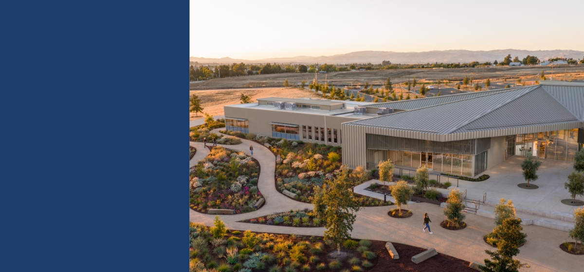 aerial photo of the Gavilan College Hollister campus building with two people wa