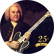 Painting of Bach holding a guitar with 25 years in gold