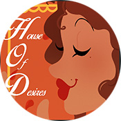 clipart of a female face with red lipstick and puckering lips. House of Desires written in white on an orange background.